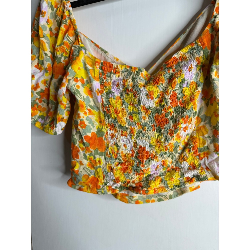 ASTR The Label Floral Ruched Puff Sleeve Crop Top Orange Yellow XL